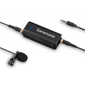 Saramonic LavMic audio adapter with a lavalier microphone